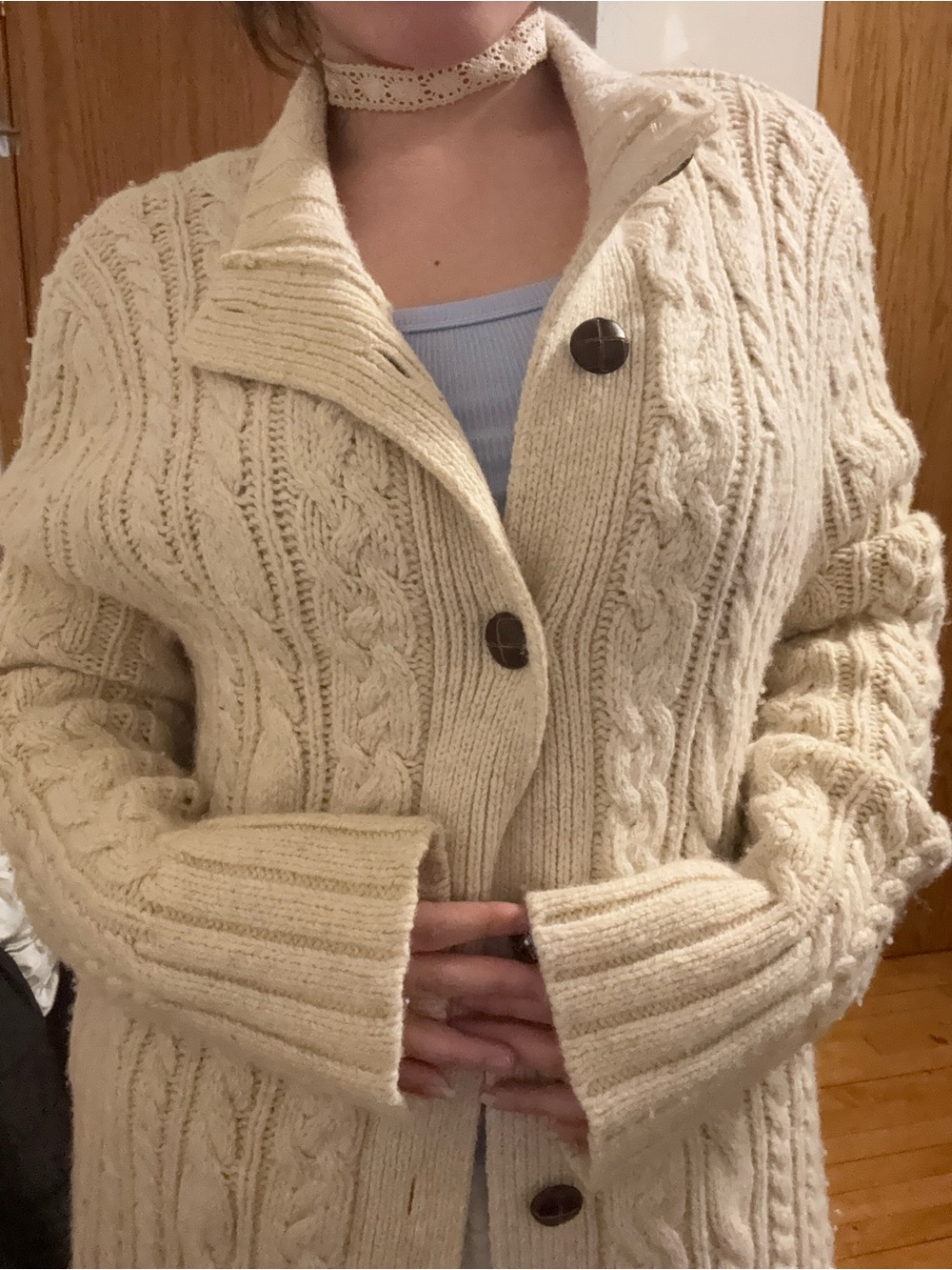 Duluth Trading Co Cream Cable-Knit Button Cardigan